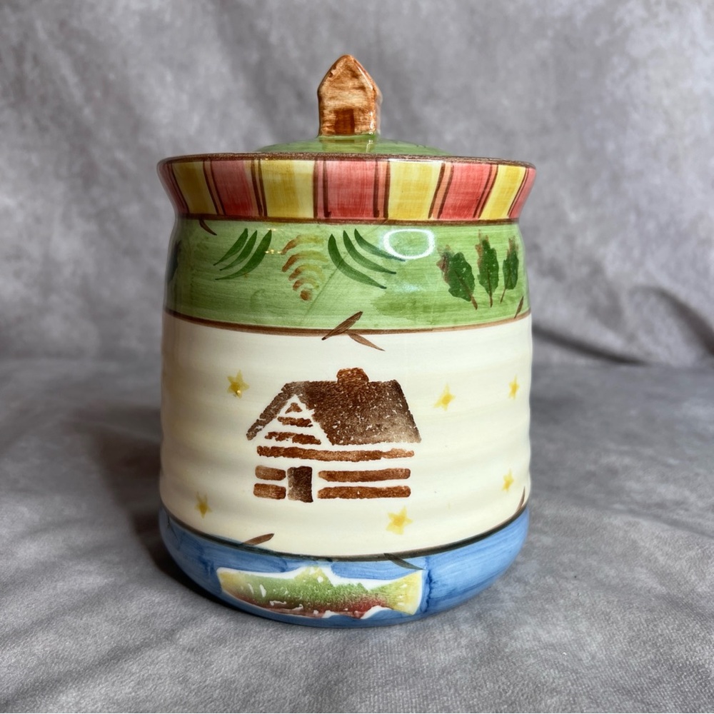 Timberland Bella Ceramica Log Cabin Canister Jar 8” Tall Lodge Rustic Kitchen